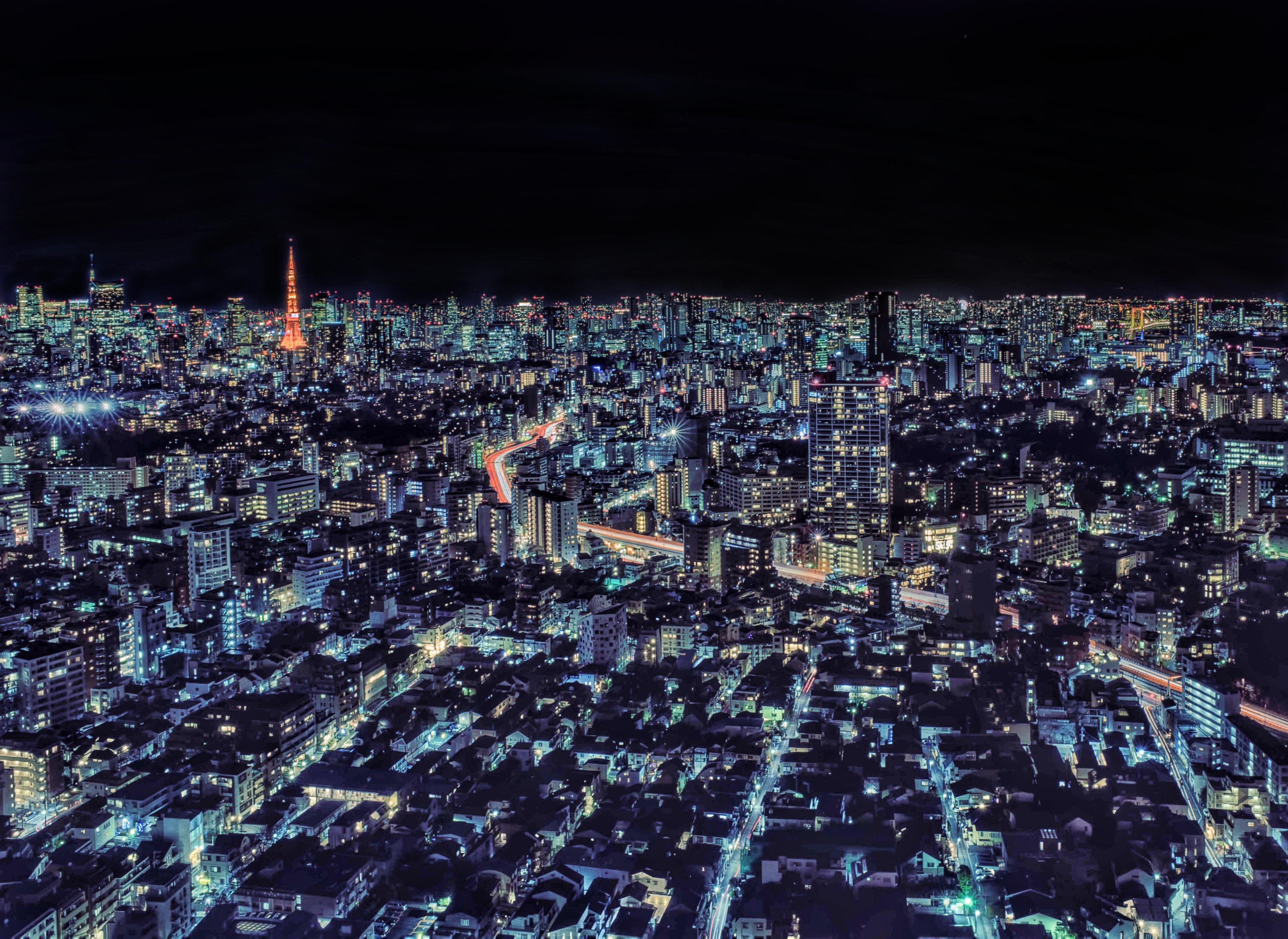 Tokyo nightscape with lights, blue.