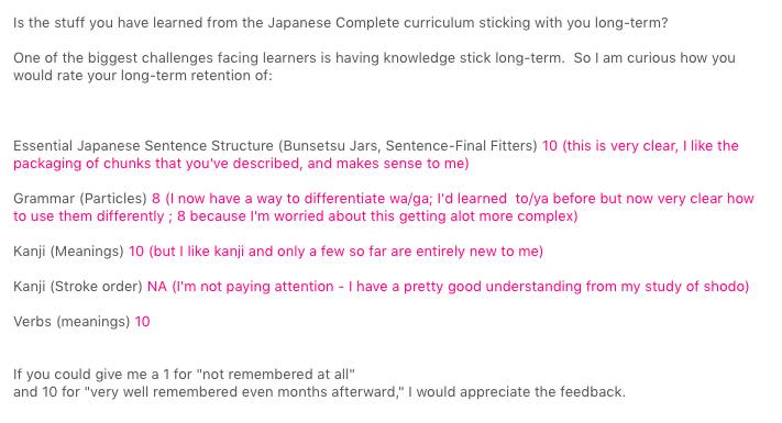 A screenshot of an e-mail with a satisfied learner who self-rated Kanji, Grammar, and Verb retention long-term (months+) thanks to the Japanese Complete curriculum and approach.