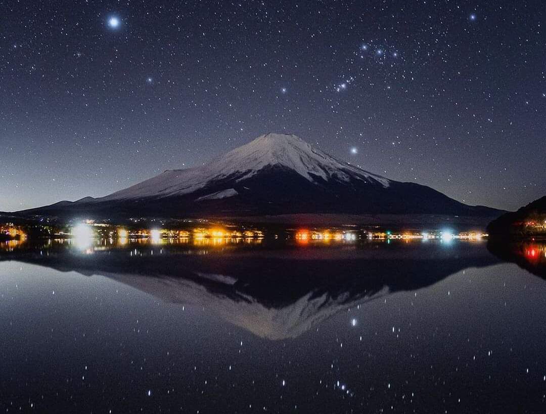 Mt. Fuji with Surreal Starlight and multicolor reflections